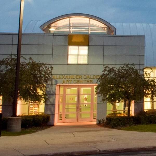 Front of the Calder art building at night